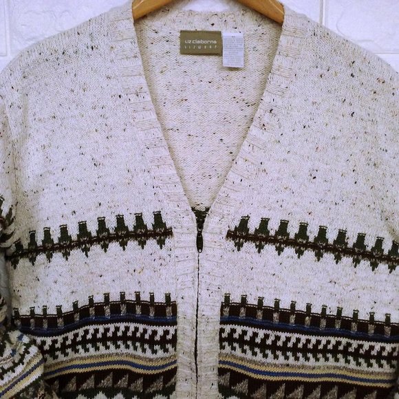 Vintage Liz Claiborne Lizwear Cardigan Sweater -M Pockets Zip Aztec Fair Isle - Picture 7 of 10